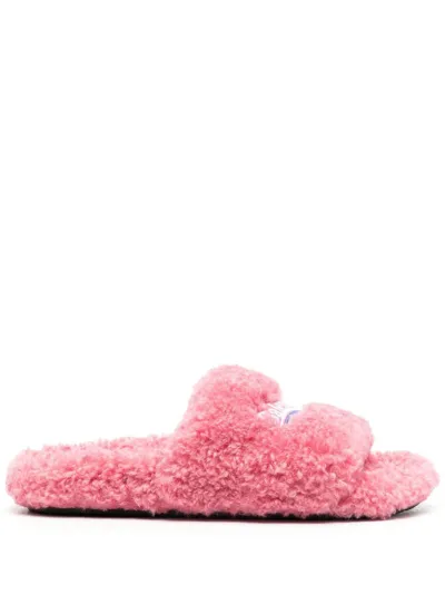 Balenciaga Pink Furry Slide Sandal In Fake Shearling With White And Blue Political Campaign Embroideries Balenc In Sweet Pink White