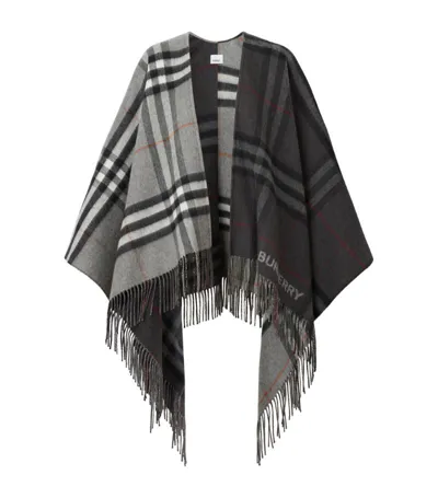 Burberry Split Check Fringe Trim Cashmere Cape In Grey Charcoal