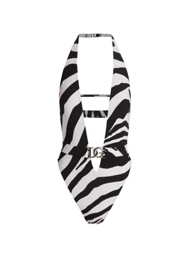 Dolce & Gabbana Zebra-print One-piece Swimsuit With Plunging Neckline In Zebra Bianco Nero