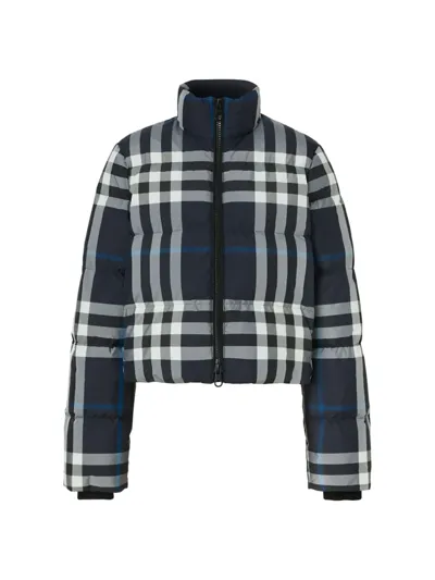 Burberry Aldfield Cropped Check Puffer Jacket In White Blue Check