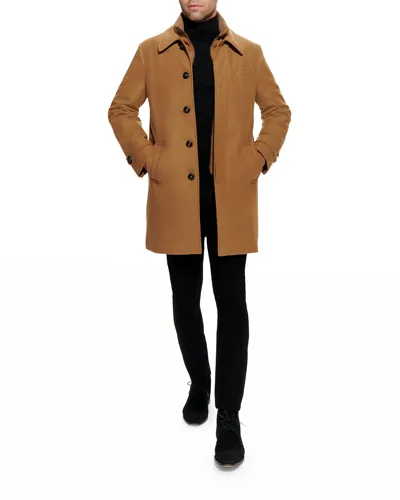 Norwegian Wool Men's Euro Topcoat W/ Detachable Bib In Camel