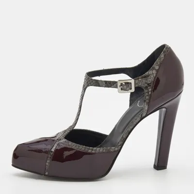 Pre-owned Roger Vivier Grey/burgundy Python And Patent Leather Platform Pumps Size 39