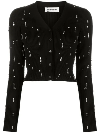 Miu Miu Embellished Wool Crop Cardigan In F0002 Nero