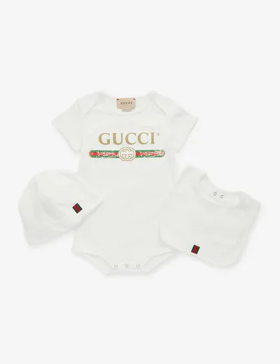 Gucci Vintage-print Three-piece Cotton Set 9-12 Months In White