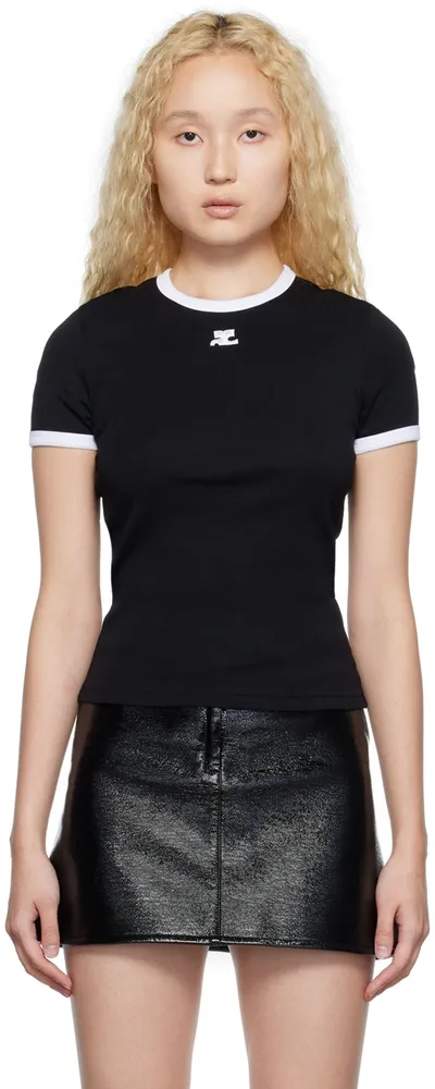 Courrèges Black Contrast T-shirt In Black Heritage White