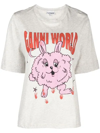 Ganni Grey Bunny Print Organic Cotton T-shirt