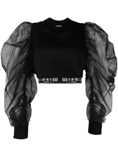 Alexander Mcqueen Crew-neck Blouse With Black Balloon Sleeves In Nero