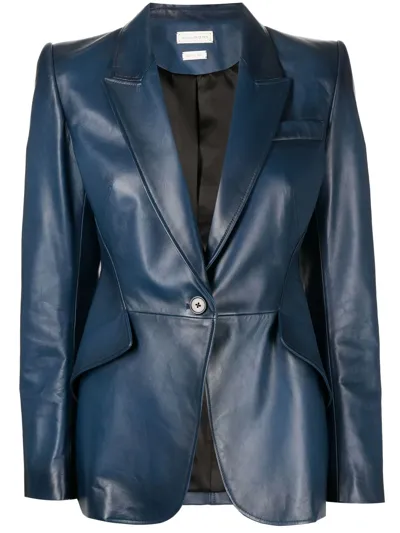 Alexander Mcqueen Blue Fitted Leather Blazer