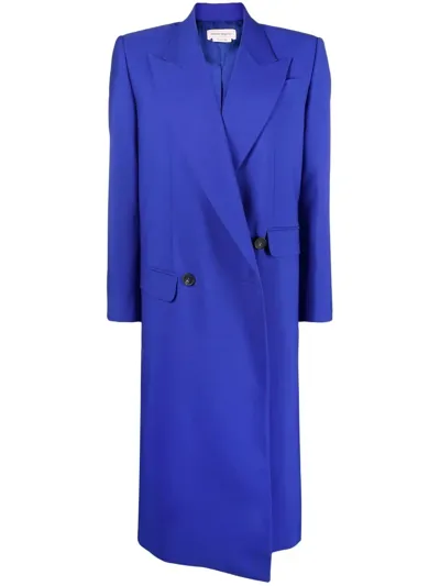 Alexander Mcqueen Blue Double-breasted Asymmetric Wool Coat