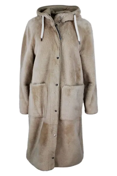 Brunello Cucinelli Reversible Coat In Soft Shearling With Hood In Beige