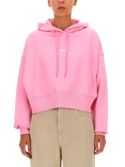 Msgm Logo Printed Cropped Hoodie In Pink