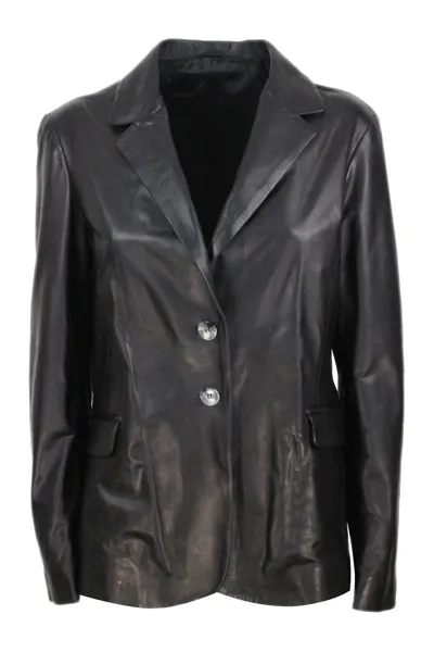 Barba Napoli Soft Leather Blazer Jacket With 2 Button Closure And Flap Pockets In Black