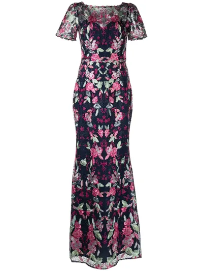 Marchesa Notte Short Sleeve Embroidered Gown In Multicolour