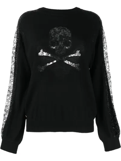 Philipp Plein Lace-panelling Skull-print Sweatshirt In Black