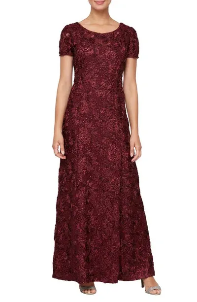 Alex Evenings Embellished Lace A-line Gown In Merlot