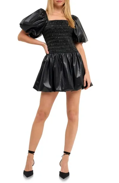 Endless Rose Smocked Balloon Sleeve Faux Leather Babydoll Dress In Black