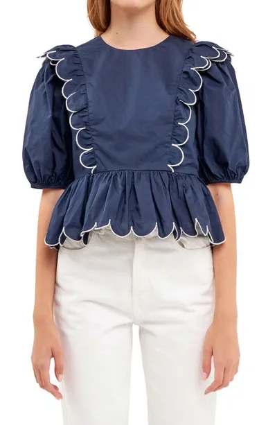 English Factory Contrast Scalloped Trim Cotton Top In Navy/white