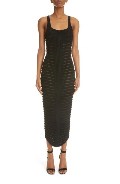 Balmain Viscose Blend Rib Knit Cutout Long Dress In Black