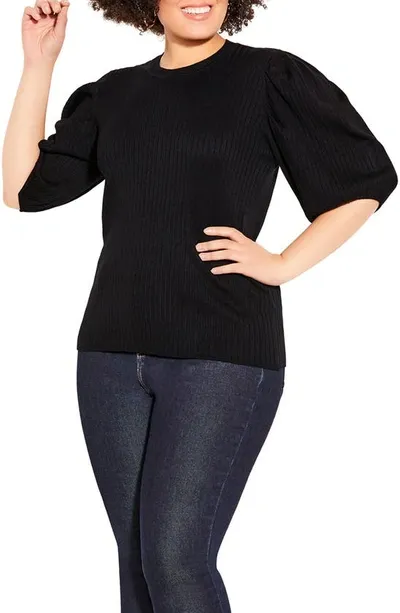 City Chic Sweet Rib Puff Sleeve Top In Black