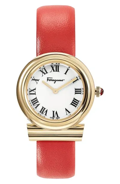 Ferragamo Women's Swiss Gancini Red Leather Strap Watch 38mm In Ip Yellow Gold