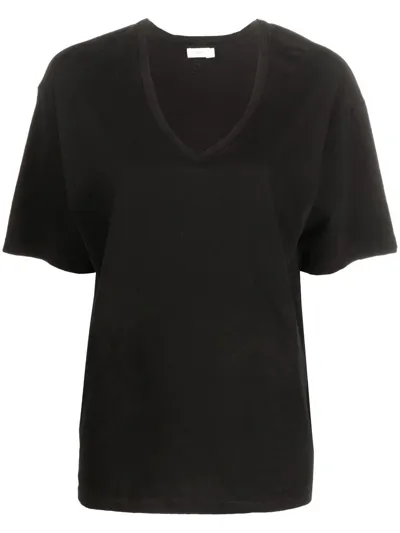 Closed V-neck Short-sleeve T-shirt In Black