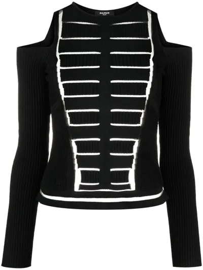 Balmain Cold-shoulder Cut-out Knitted Top In Black