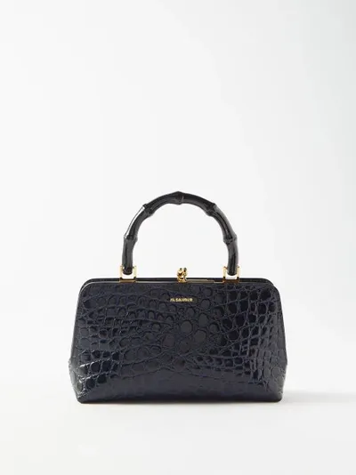 Jil Sander Mini Bamboo-handle Croc-effect Leather Bag In Black