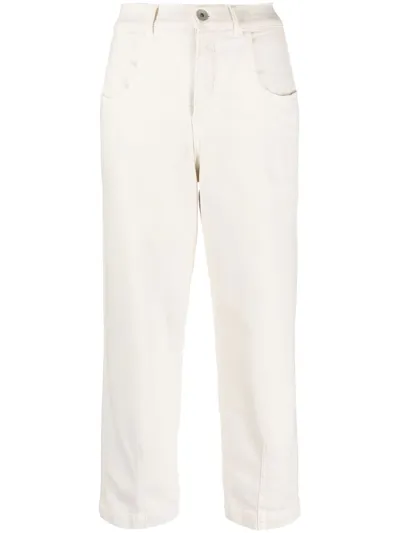 Eleventy Cropped Patch-pocket Wide-leg High-rise Stretch-cotton Trousers In Bianco