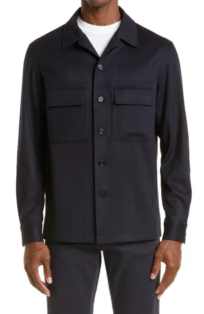 Zegna Chest-pocket Cashmere Overshirt In Blue