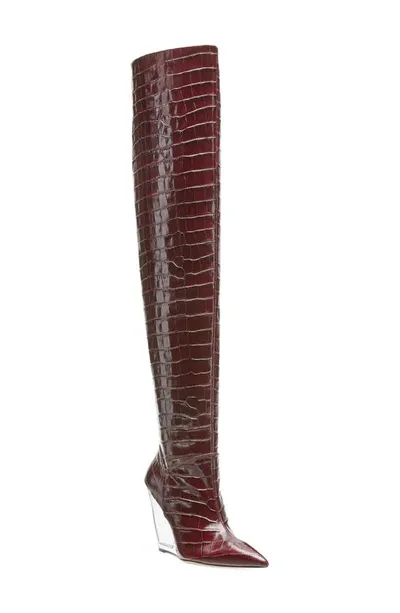 Stuart Weitzman Women's Croc Embossed Over The Knee Lucite Wedge Heel Boots In Plum