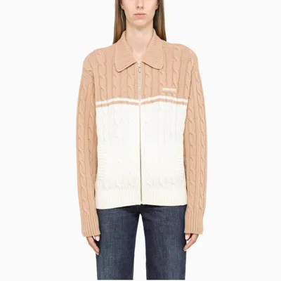 Miu Miu White And Camel-coloured Cable Knit Cardigan With Logo In White/camel Brown