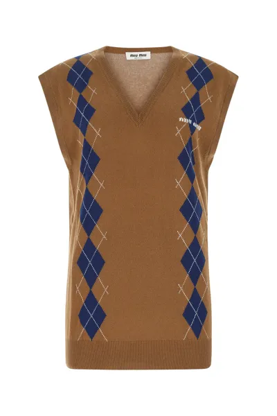 Miu Miu Intarsia Cashmere Vest In Braun