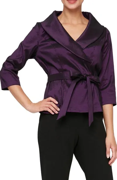 Alex Evenings Brushed Satin Tie Waist Blouse In Plum