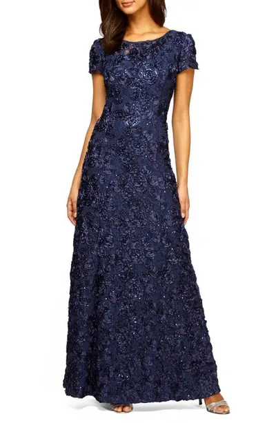 Alex Evenings Short Sleeve Lace Gown In Navy