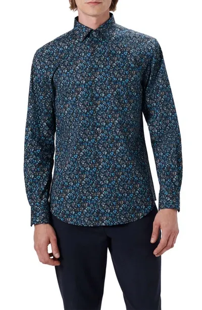 Bugatchi Shaped Fit Floral Print Stretch Cotton Button-up Shirt In Midnight