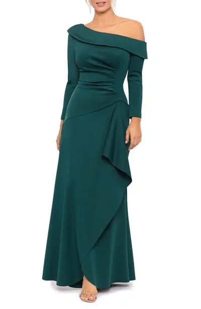 Xscape One-shoulder Long Sleeve Scuba Crepe Gown In Hunter