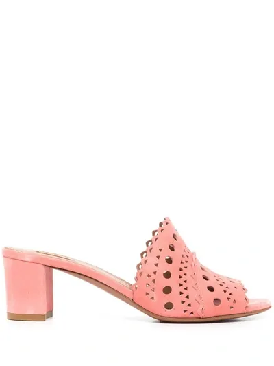 Alaïa Perforated Suede Block-heel Sandals In 451 Rose Fraise