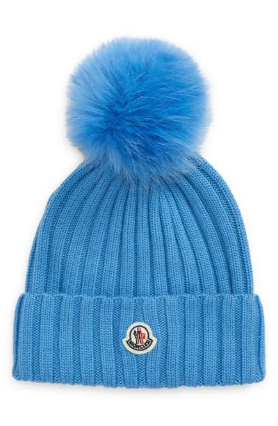 Moncler Wool Rib Beanie With Faux Fur Pompom In Blue