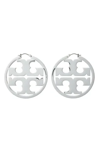 Tory Burch Miller Logo Hoop Earrings In Tory Silver