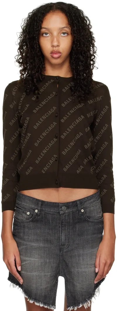 Balenciaga Woman Brown Knit Crop Cardigan With All-over Logo In Multicolor