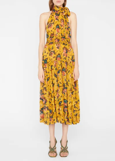 Ulla Johnson Maya Neck-tie Midi Floral Silk Dress In Waterlily