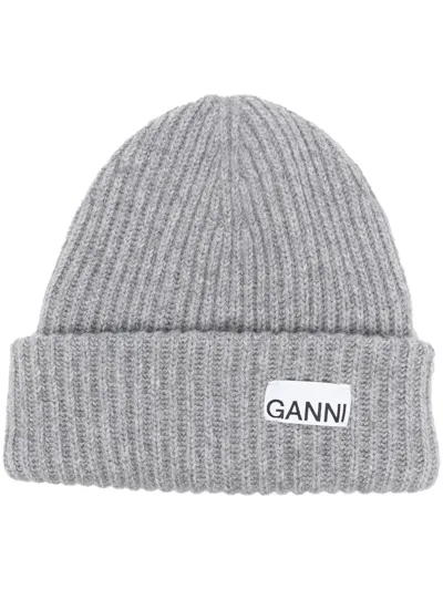 Ganni Logo-patch Rib-knit Beanie In Grey