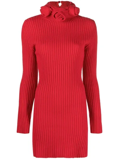 Blumarine Short Knit Dress With 3d Roses In Rosso