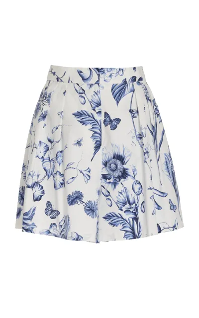 Oscar De La Renta Floral Toile Cotton Wide Leg Shorts In Blue