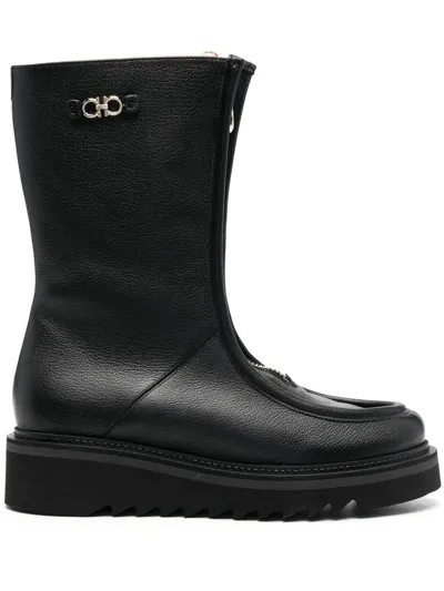 Ferragamo 50mm Zip-front Leather Boots In Black