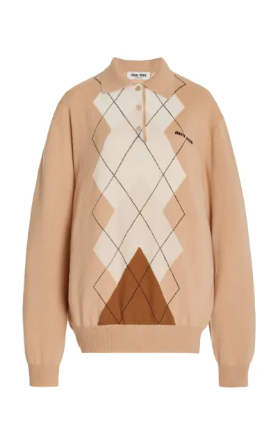 Miu Miu Intarsia Cashmere Polo Shirt In Camel