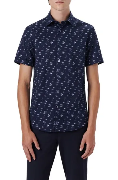 Bugatchi Ooohcotton® Palm Print Short Sleeve Button-up Shirt In Navy