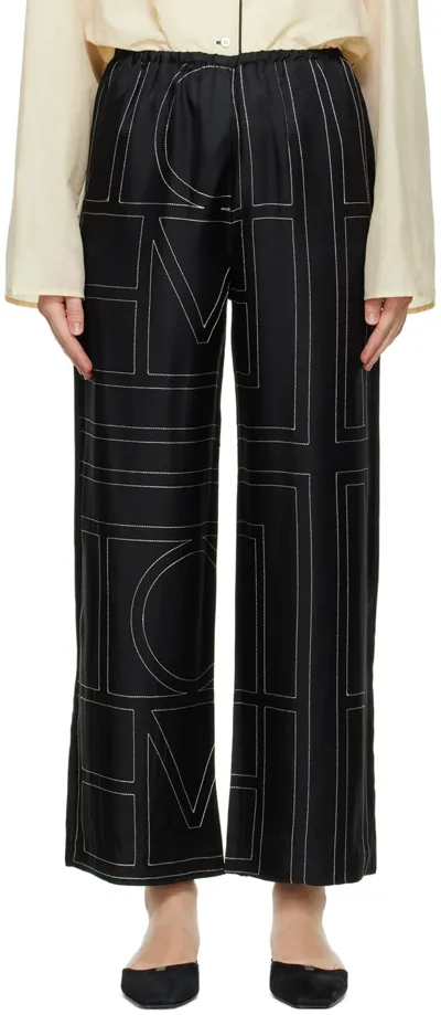 Totême Black Silk Monogram Pj Lounge Pants In Black Monogram