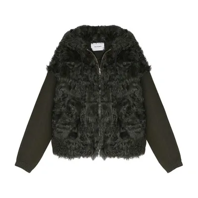 Yves Salomon Curly Lambswool Mesh Jacket In Kaki