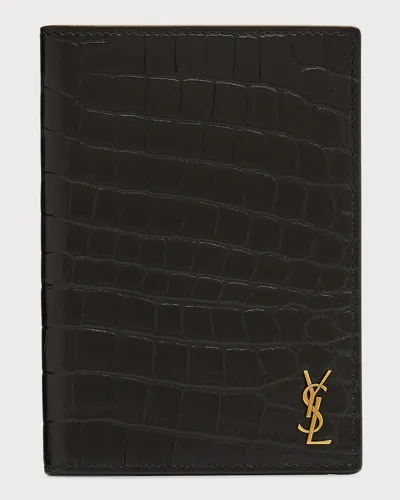 Saint Laurent Cassandre Logo-appliquéd Croc-effect Leather Passport Cover In Black